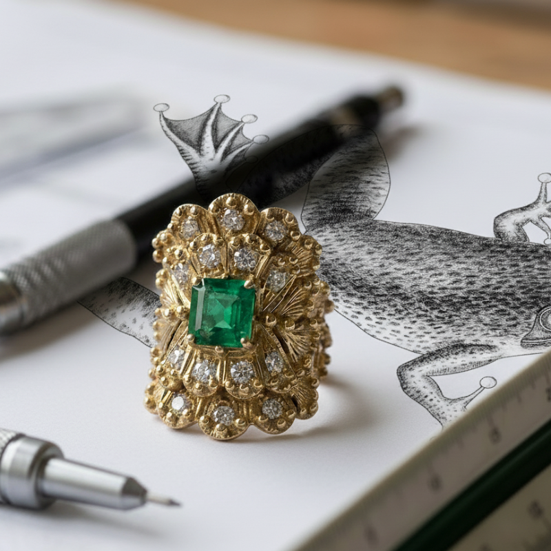 Bague Garnazelle ornée d'une émeraude verte, posée sur un croquis de joaillerie
